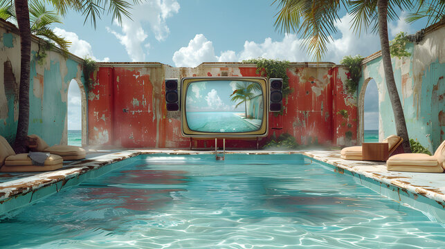 Surreal imagery of an ancient TV set in the center of an abandoned pool surrounded by palm trees