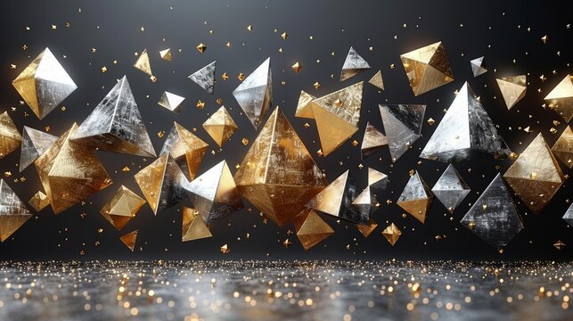  a group of gold and silver triangles on a black background with some gold flecks on the bottom of the image.