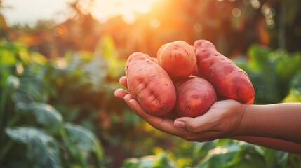Hand holding sweet potato with selection on blurred background, copy space available for text