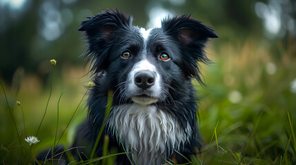 Naklejka na ściany i meble A thoughtful Border Collie with a soulful gaze surrounded by lush greenery in a tranquil and serene environment