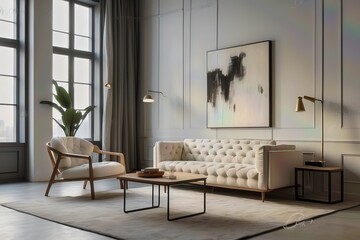 white tufted sofa against concrete wall with art poster. Minimalist, loft, urban home interior design
