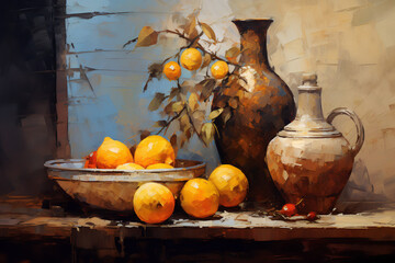 Still life in brown tones. Oil painting in impressionism style. © Osadchyi_I