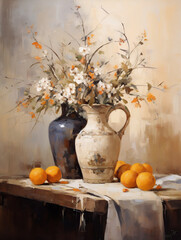 Still life in brown tones. Oil painting in impressionism style.