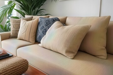 close up shot fabric sofa with terracotta pillows