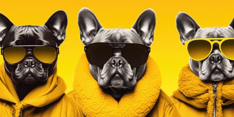 Playful dogs wearing sunglasses and a stylish yellow jacket. Perfect for pet fashion or summer fun concepts