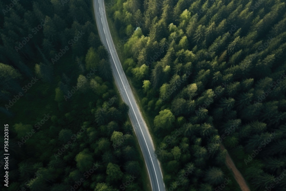 Poster an aerial view of a road in the middle of a forest. perfect for travel or nature concepts