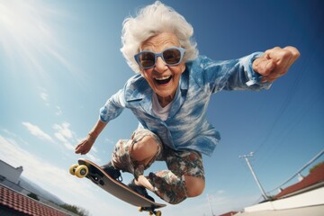Elderly woman riding skateboard down ramp, suitable for active lifestyle concepts - obrazy, fototapety, plakaty