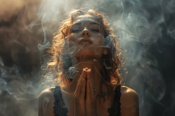 Foto op Plexiglas Woman praying amidst ethereal smoke and soft lighting © agnes