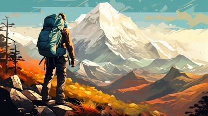 A man with a backpack standing on a mountain peak. Perfect for outdoor adventure concepts