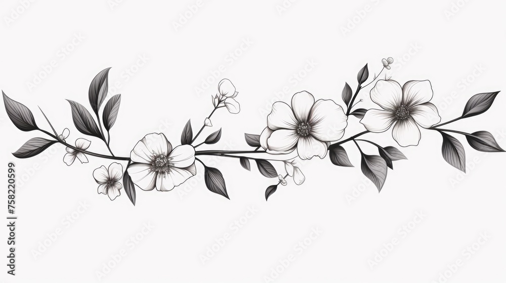 Poster simple black and white drawing of flowers on a branch, suitable for various design projects