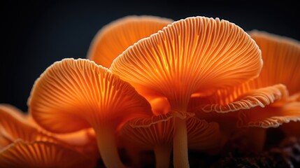 A detailed close up of a group of orange mushrooms. Suitable for nature and fungi themes