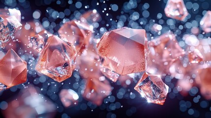  a bunch of pink ice cubes floating on top of each other in front of a blue and black background.