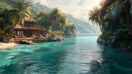 Peaceful retreat in a hidden cove with a traditional hut, amidst lush greenery and a tranquil river