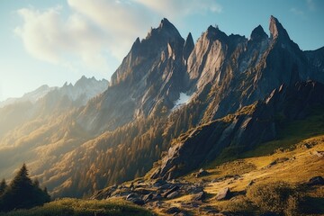 A scenic mountain range with a trail in the foreground. Suitable for outdoor and hiking themes - obrazy, fototapety, plakaty