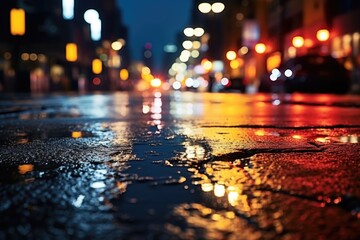 A city street at night with wet pavement reflecting lights. Suitable for urban backgrounds