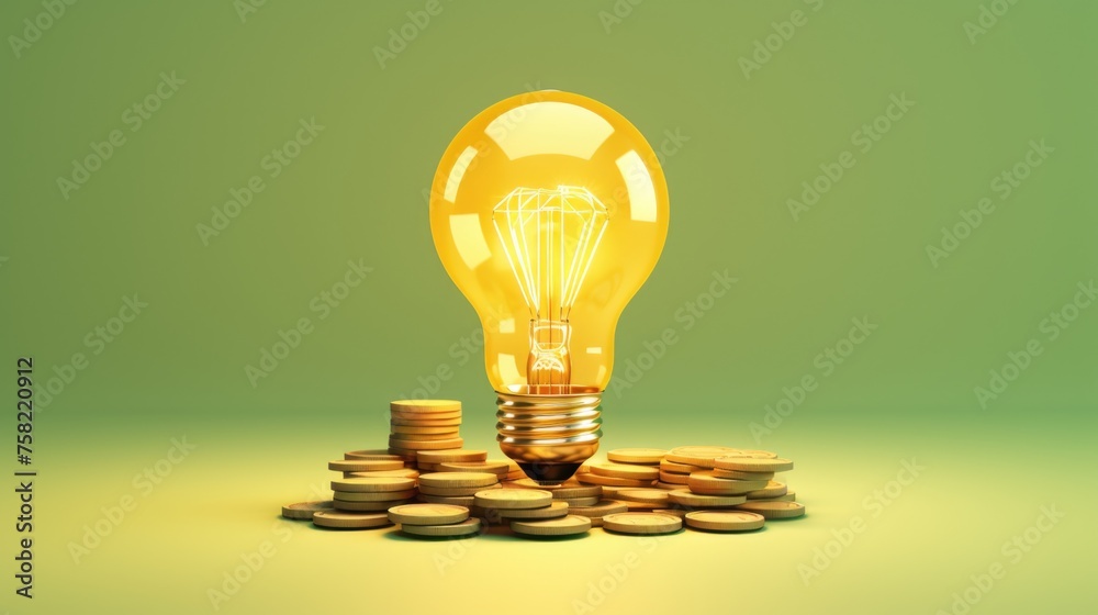 Poster a concept image of a light bulb sitting on top of a pile of coins. ideal for finance or innovation t
