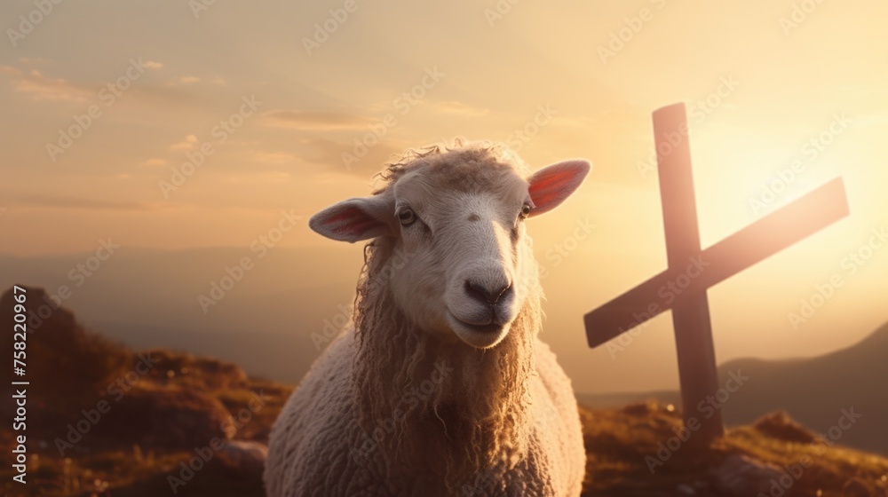Poster a sheep standing in front of a cross on a hill. suitable for religious themes