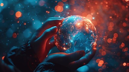 Mystical Illuminated Globe in Hands Amidst a Starry, Ethereal Atmosphere - obrazy, fototapety, plakaty