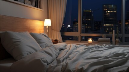 A bed in a bedroom overlooking a city at night. Perfect for interior design concepts - obrazy, fototapety, plakaty
