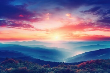 Scenic view of sunset over a mountain range. Ideal for nature and travel concepts - obrazy, fototapety, plakaty