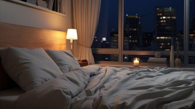 A bed in a bedroom overlooking a city at night. Perfect for interior design concepts