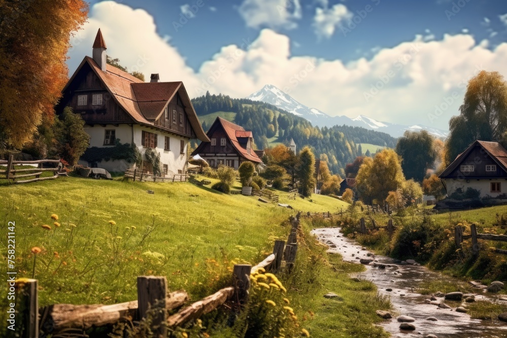 Aufkleber a tranquil scene of a small stream running through a vibrant green field. suitable for nature and la