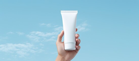 Glowing Hand Holding Cosmetic Cream Tube Against Vibrant Blue Sky Background