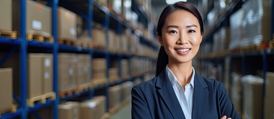 Young Woman Sorting Boxes in Industrial Warehouse with Inventory Management System