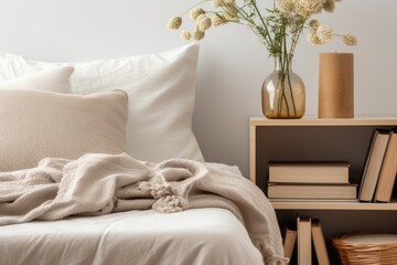 Comfortable bed with warm blanket and nearby bookshelf, perfect for home decor or bedroom interior design concept