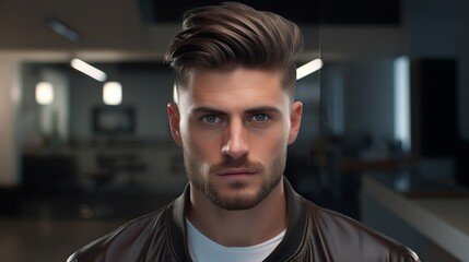 Portrait of an attractive young man with a new modern hairstyle.

 - obrazy, fototapety, plakaty