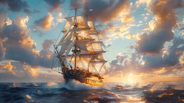 An epic scene of a historic ship braving tumultuous waves at golden hour, the sun setting in a dramatic sky