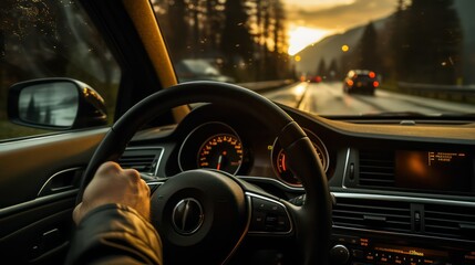 View from inside the car on the road and the driver's hand.