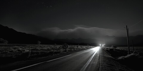 A black and white photo of a road at night. Suitable for transportation themes