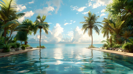Fototapeta premium An enchanting view capturing the serene tropical infinity pool merging with the vast ocean under a dusky sky