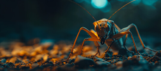 grasshopper on a dark background with copy space - obrazy, fototapety, plakaty