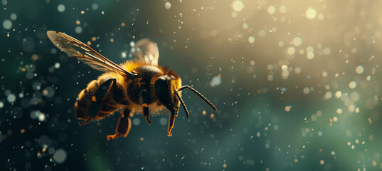 a bee flying over a dark rainy background with copy space - obrazy, fototapety, plakaty