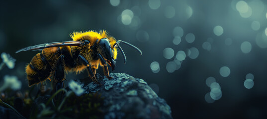 a bee on a rock, over a dark background with copy space