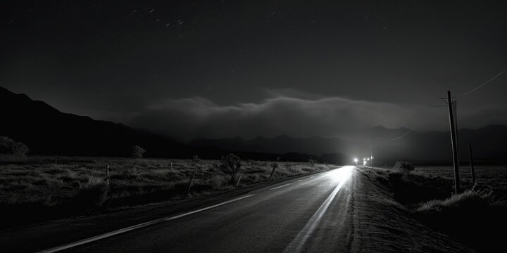 Fototapeta A black and white photo of a road at night. Suitable for transportation themes