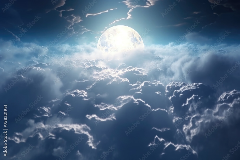 Poster a stunning view of a full moon shining above the clouds. perfect for night sky or weather-related co