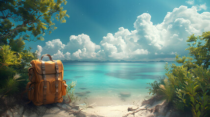 A solitary backpack rests amongst verdant foliage, overlooking a peaceful tropical beach