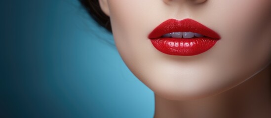 Obraz premium Sultry Woman with Fiery Red Lipstick on Vibrant Blue Background