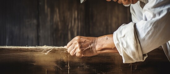 Skillful carpenter man sawing a wooden plank with a sharp hand saw