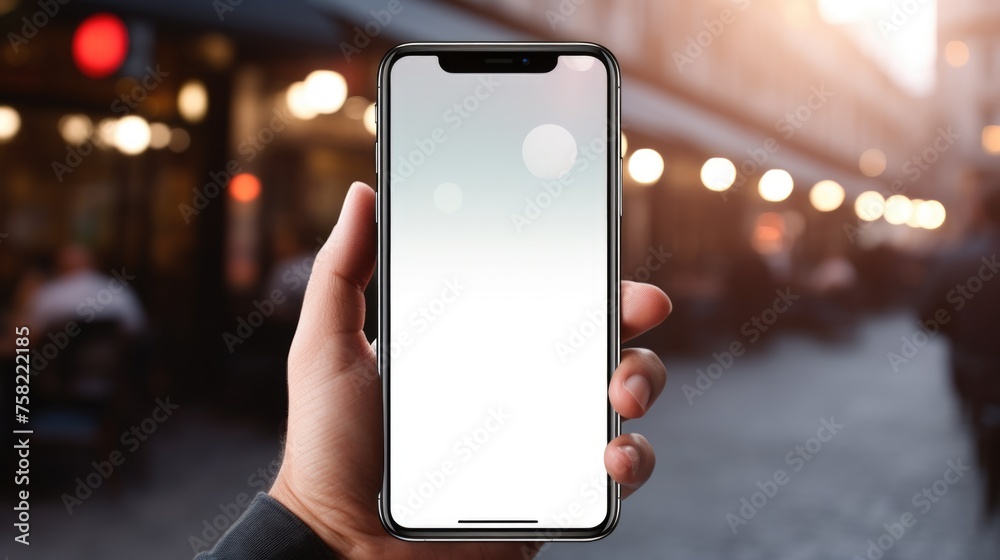 Poster close up of a person holding up a smart phone with a white screen. great for showcasing mobile app d