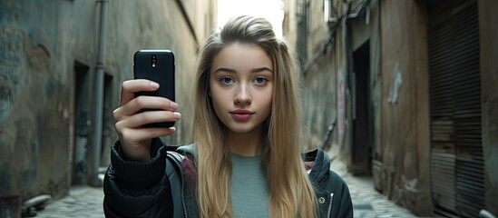 Fototapeta premium Joyful Woman Capturing a Moment of Joy and Fun while Taking a Vibrant Selfie