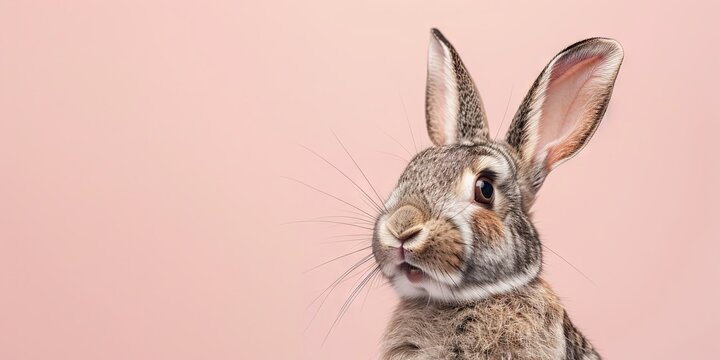 Funny surprised rabbit on a light pink background. Copy space. Banner