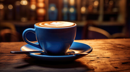 Close-up of a blue ceramic cup on a saucer with a beautifully crafted latte art design on top, resting on a rustic wooden table, illuminated by warm, ambient lighting.