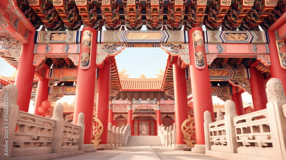 Poster A large red building with many pillars and arches, suitable for architectural projects