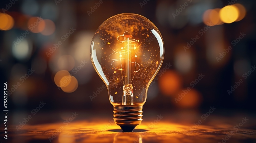 Poster A glowing light bulb resting on a table, suitable for various concepts and designs