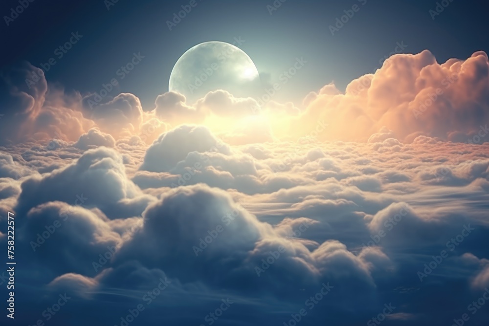 Poster a stunning image of a full moon shining above a sea of clouds. perfect for celestial and nature them