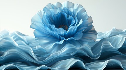  a large blue flower sitting on top of a bed of blue ruffles in front of a white wall. - obrazy, fototapety, plakaty